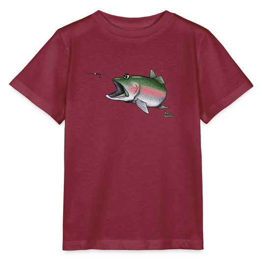Regenbogenforelle auf Nymphenjagd - Kinder Bio-T-Shirt - Burgunderrot
